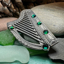 Load image into Gallery viewer, Celtic Harp Brooch, Celtic Pin, Irish Harp Jewelry, Irish Dance, Celtic Harp, Irish Gift, Mom Gift, Saint Patrick's Day, Green Ireland Pin