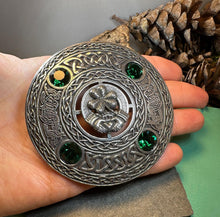 Load image into Gallery viewer, Claddagh Brooch, Celtic Shamrock Jewelry, Large Irish Pin, Clover Brooch, Ireland Brooch, Claddagh Tartan Pin, Bagpiper Gift, Mens Plaid Pin