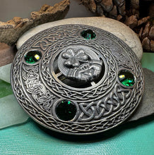 Load image into Gallery viewer, Claddagh Brooch, Celtic Shamrock Jewelry, Large Irish Pin, Clover Brooch, Ireland Brooch, Claddagh Tartan Pin, Bagpiper Gift, Mens Plaid Pin