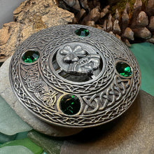 Load image into Gallery viewer, Claddagh Brooch, Celtic Shamrock Jewelry, Large Irish Pin, Clover Brooch, Ireland Brooch, Claddagh Tartan Pin, Bagpiper Gift, Mens Plaid Pin
