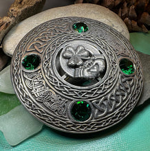 Load image into Gallery viewer, Claddagh Brooch, Celtic Shamrock Jewelry, Large Irish Pin, Clover Brooch, Ireland Brooch, Claddagh Tartan Pin, Bagpiper Gift, Mens Plaid Pin