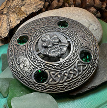Load image into Gallery viewer, Claddagh Brooch, Celtic Shamrock Jewelry, Large Irish Pin, Clover Brooch, Ireland Brooch, Claddagh Tartan Pin, Bagpiper Gift, Mens Plaid Pin