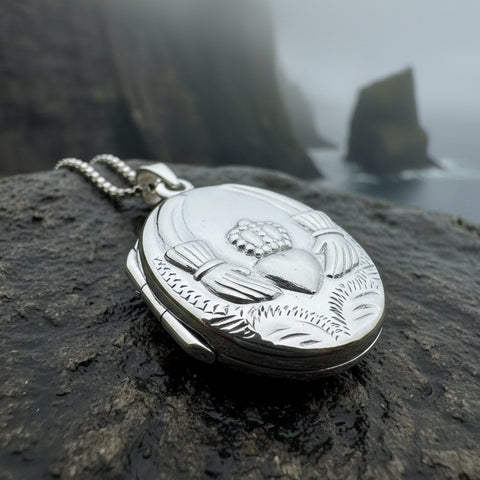 Load image into Gallery viewer, Irish Claddagh Locket Necklace in Sterling Silver
