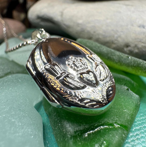 Load image into Gallery viewer, Irish Claddagh Locket Necklace in Sterling Silver