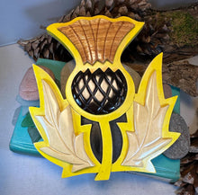 Load image into Gallery viewer, Celtic Thistle Wall Art, Scottish Gift, Wooden Wall Plaque, New Home Gift, House Warming Gift, Scotland Decor, Good Luck
