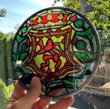 Load image into Gallery viewer, Scottish Lion Wall Decor, Celtic Thistle Gift, Scotland Stained Glass, New Home Gift, Celtic Wedding Gift, Anniversary Gift, Suncatcher