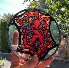 Load image into Gallery viewer, Scottish Lion Wall Decor, Celtic Thistle Gift, Scotland Stained Glass, New Home Gift, Wedding Gift, Anniversary Gift, St. Giles Suncatcher