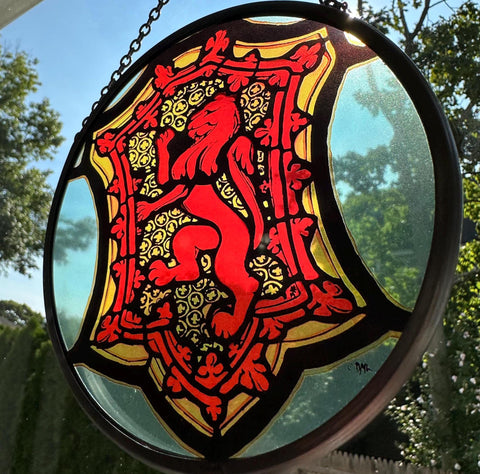 Load image into Gallery viewer, Scottish Lion Wall Decor, Celtic Thistle Gift, Scotland Stained Glass, New Home Gift, Wedding Gift, Anniversary Gift, St. Giles Suncatcher