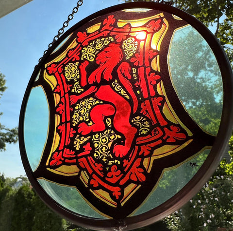 Load image into Gallery viewer, Scottish Lion Wall Decor, Celtic Thistle Gift, Scotland Stained Glass, New Home Gift, Wedding Gift, Anniversary Gift, St. Giles Suncatcher