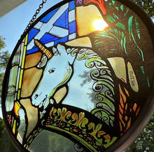 Load image into Gallery viewer, Scottish Unicorn Wall Decor, Scottish Flag Gift, Scotland Stained Glass, New Home Gift, Wedding Gift, Anniversary Gift, St. Giles Suncatcher