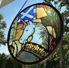 Load image into Gallery viewer, Scottish Unicorn Wall Decor, Scottish Flag Gift, Scotland Stained Glass, New Home Gift, Wedding Gift, Anniversary Gift, St. Giles Suncatcher