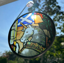 Load image into Gallery viewer, Scottish Unicorn Wall Decor, Scottish Flag Gift, Scotland Stained Glass, New Home Gift, Wedding Gift, Anniversary Gift, St. Giles Suncatcher