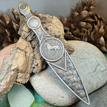 Load image into Gallery viewer, Celtic Horse Kilt Pin, Scottish Jewelry, Celtic Kilt Pin, Tartan Pin, Cape Pin, Bagpiper Gift, Scotland Pin, Celtic Pin, Viking Jewelry