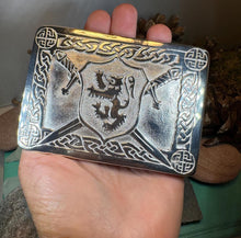 Load image into Gallery viewer, Celtic Lion Kilt Belt Buckle, Scottish Belt Buckle, Pewter Buckle, Large Belt Buckle, Men's Celtic Gift, Irish Gift, Celtic Knot Buckle