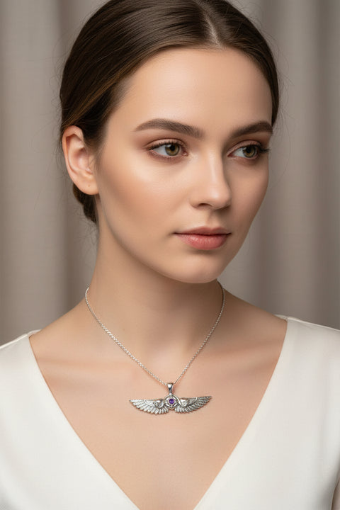 Load image into Gallery viewer, Winged Sun Necklace, Egyptian Pendant, Mystical Amulet, Egyptian Symbol, Pagan Jewelry, Goddess Jewelry, Recovery Gift, Silver Isis Pendant