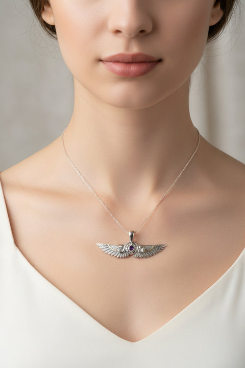 Load image into Gallery viewer, Winged Sun Necklace, Egyptian Pendant, Mystical Amulet, Egyptian Symbol, Pagan Jewelry, Goddess Jewelry, Recovery Gift, Silver Isis Pendant