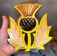 Load image into Gallery viewer, Celtic Thistle Wall Art, Scottish Gift, Wooden Wall Plaque, New Home Gift, House Warming Gift, Scotland Decor, Good Luck