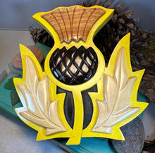 Load image into Gallery viewer, Celtic Thistle Wall Art, Scottish Gift, Wooden Wall Plaque, New Home Gift, House Warming Gift, Scotland Decor, Good Luck