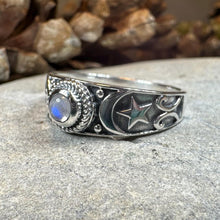 Load image into Gallery viewer, Crescent Moon Ring, Celestial Ring, Moonstone Ring, Pagan Ring, Star Ring, Celtic Ring, Statement Ring, Wiccan Jewelry, Silver Witch Ring