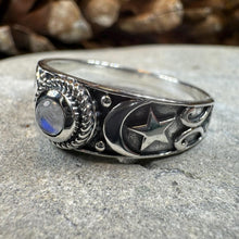 Load image into Gallery viewer, Crescent Moon Ring, Celestial Ring, Moonstone Ring, Pagan Ring, Star Ring, Celtic Ring, Statement Ring, Wiccan Jewelry, Silver Witch Ring