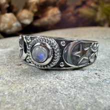 Load image into Gallery viewer, Crescent Moon Ring, Celestial Ring, Moonstone Ring, Pagan Ring, Star Ring, Celtic Ring, Statement Ring, Wiccan Jewelry, Silver Witch Ring