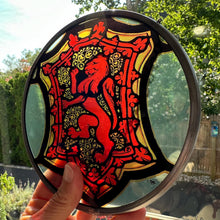 Load image into Gallery viewer, Scottish Lion Wall Decor, Celtic Thistle Gift, Scotland Stained Glass, New Home Gift, Wedding Gift, Anniversary Gift, St. Giles Suncatcher