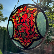 Load image into Gallery viewer, Scottish Lion Wall Decor, Celtic Thistle Gift, Scotland Stained Glass, New Home Gift, Wedding Gift, Anniversary Gift, St. Giles Suncatcher