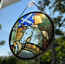 Load image into Gallery viewer, Scottish Unicorn Wall Decor, Scottish Flag Gift, Scotland Stained Glass, New Home Gift, Wedding Gift, Anniversary Gift, St. Giles Suncatcher