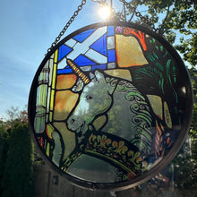 Load image into Gallery viewer, Scottish Unicorn Wall Decor, Scottish Flag Gift, Scotland Stained Glass, New Home Gift, Wedding Gift, Anniversary Gift, St. Giles Suncatcher