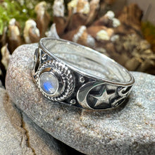 Load image into Gallery viewer, Crescent Moon Ring, Celestial Ring, Moonstone Ring, Pagan Ring, Star Ring, Celtic Ring, Statement Ring, Wiccan Jewelry, Silver Witch Ring
