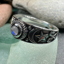 Load image into Gallery viewer, Crescent Moon Ring, Celestial Ring, Moonstone Ring, Pagan Ring, Star Ring, Celtic Ring, Statement Ring, Wiccan Jewelry, Silver Witch Ring