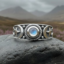 Load image into Gallery viewer, Crescent Moon Ring, Celestial Ring, Moonstone Ring, Pagan Ring, Star Ring, Celtic Ring, Statement Ring, Wiccan Jewelry, Silver Witch Ring