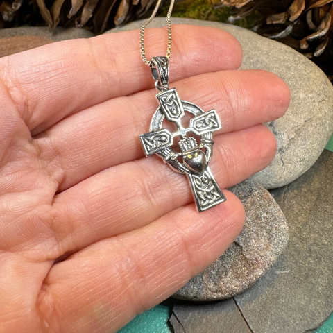 Load image into Gallery viewer, Galway Irish Claddagh Cross Necklace in Sterling Silver