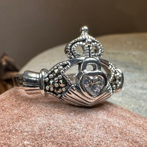 Load image into Gallery viewer, Devotion Marcasite Irish Claddagh Ring in Sterling Silver