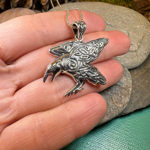 Load image into Gallery viewer, Dauntless Celtic Raven Necklace in Sterling Silver