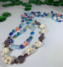 Load image into Gallery viewer, Long Beaded Necklace, Hand Knotted Necklace, Skull jewelry, Boho Necklace, Yoga Jewelry, Art Deco Necklace, Millefiori Bead Necklace