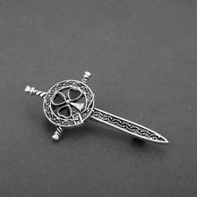Load image into Gallery viewer, Shamrock Sword Kilt Pin, Celtic Jewelry, Irish Kilt Pin, Ireland Gift, Clover Jewelry, Fireman, Police, Ireland Brooch, Shamrock Brooch