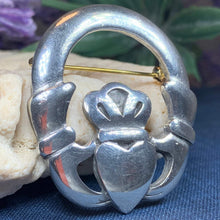 Load image into Gallery viewer, Traditional Irish Claddagh brooch symbolizing love, loyalty and friendship. Sterling silver Irish jewelry Celtic Crystal Designs