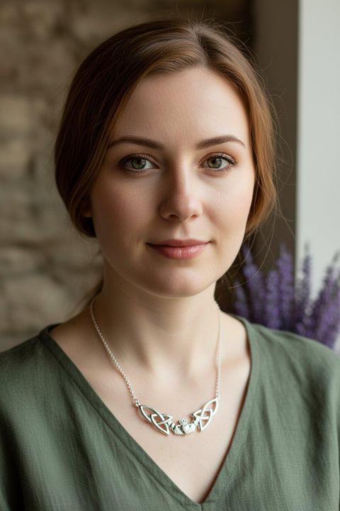Load image into Gallery viewer, Traditional Irish Claddagh necklace symbolizing love, loyalty and friendship. Sterling silver Irish jewelry Celtic Crystal Designs