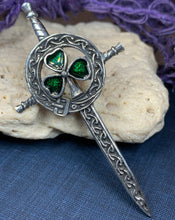 Load image into Gallery viewer, Shamrock Sword Kilt Pin, Celtic Jewelry, Irish Kilt Pin, Ireland Gift, Clover Jewelry, Fireman, Police, Ireland Brooch, Shamrock Brooch