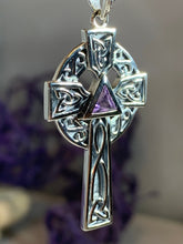 Load image into Gallery viewer, Celtic Cross Necklace, Scottish Pendant, Ireland Cross, Irish Jewelry, Large Celtic Cross, Religious Jewelry, Silver Cross Pendant, Garnet