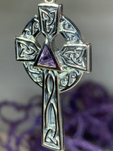 Load image into Gallery viewer, Celtic Cross Necklace, Scottish Pendant, Ireland Cross, Irish Jewelry, Large Celtic Cross, Religious Jewelry, Silver Cross Pendant, Garnet