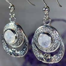 Load image into Gallery viewer, Claddagh Earrings, Celtic Jewelry, Irish Jewelry, Ireland Gift, Moonstone Jewelry, Mom Gift, Irish Dance Gift, Anniversary Gift, Wife Gift