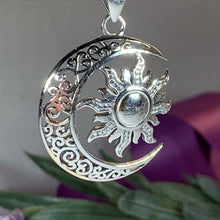Load image into Gallery viewer, Moon Necklace, Sun Necklace, Celestial Jewelry, Mystical Jewelry, Friendship Gift, Celtic Pendant, Crescent Moon Pendant, Pagan Necklace
