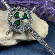 Load image into Gallery viewer, Shamrock Sword Kilt Pin, Celtic Jewelry, Irish Kilt Pin, Ireland Gift, Clover Jewelry, Fireman, Police, Ireland Brooch, Shamrock Brooch
