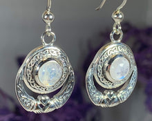 Load image into Gallery viewer, Claddagh Earrings, Celtic Jewelry, Irish Jewelry, Ireland Gift, Moonstone Jewelry, Mom Gift, Irish Dance Gift, Anniversary Gift, Wife Gift