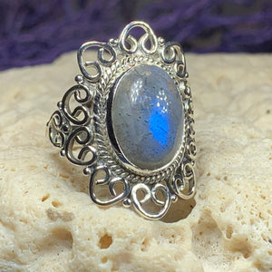 Celtic Spiral Ring, Labradorite Jewelry, Irish Ring, Celestial Jewelry, Celtic Jewelry, Anniversary Gift, Wiccan Jewelry, Wife Gift