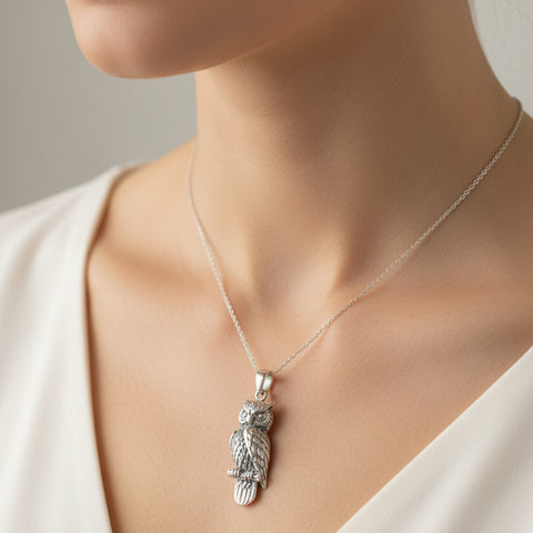 Load image into Gallery viewer, Watchful Owl Necklace in Sterling Silver