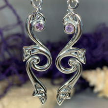 Load image into Gallery viewer, Mystic Trinity Knot Earrings, Irish Jewelry, Celtic Jewelry, Celtic Knot Earrings, Amethyst Jewelry, Anniversary Gift, Scotland Jewelry