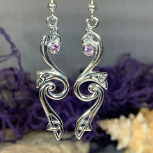 Load image into Gallery viewer, Mystic Trinity Knot Earrings, Irish Jewelry, Celtic Jewelry, Celtic Knot Earrings, Amethyst Jewelry, Anniversary Gift, Scotland Jewelry